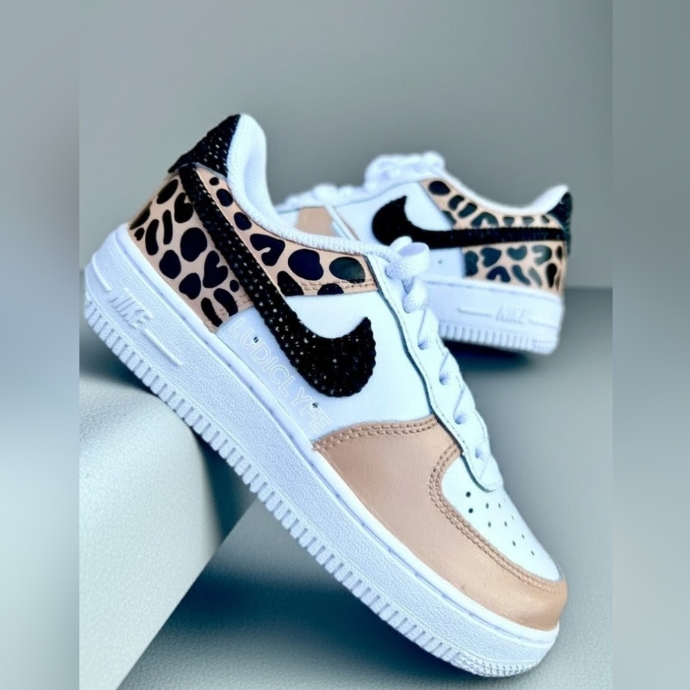 Custom Nike Air Force 1 '07 Leopard Print & Black Rhinestone Swoosh – Women’s - Picture 2 of 6